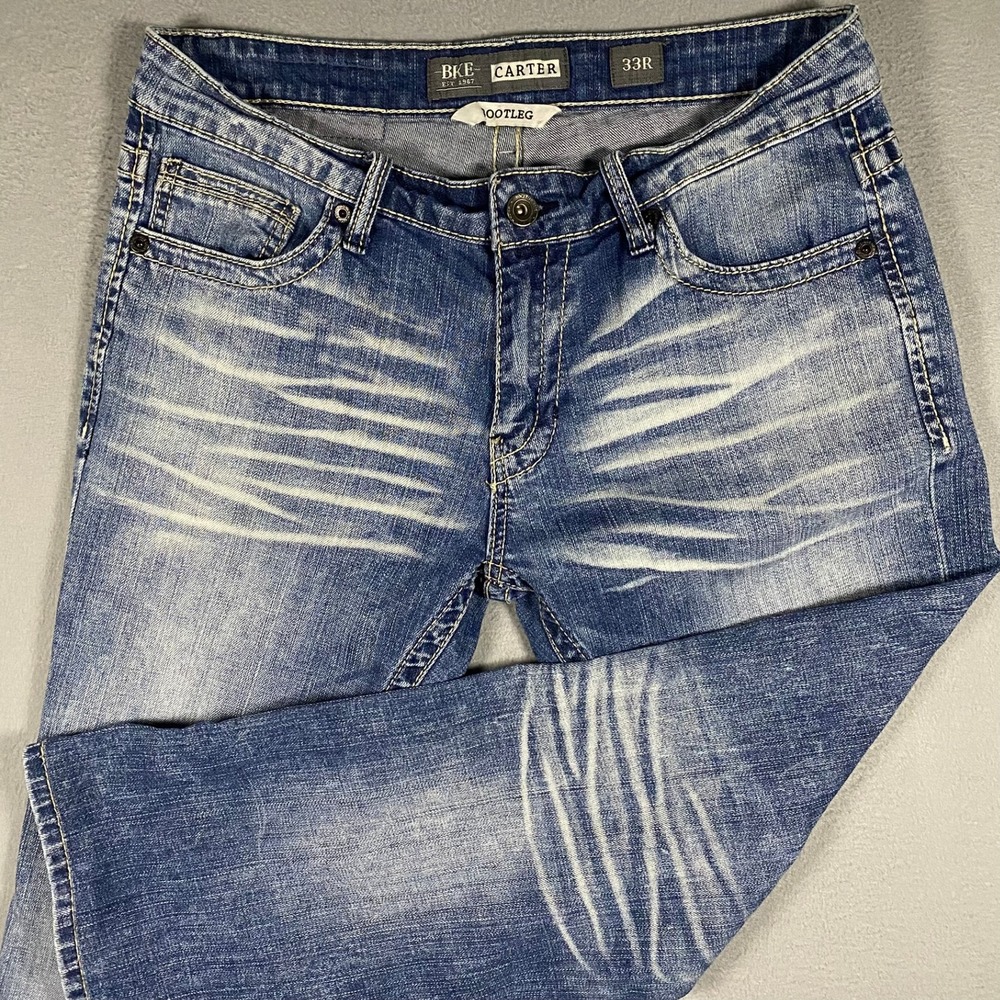 BKE Carter Bootleg Mens Jeans 33R Medium Wash Whiskered GBC20199